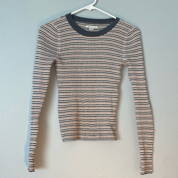 American Eagle Outfitters Blue and Pink Fitted Ribbed Long Sleeve Tee - Picture 1 of 5